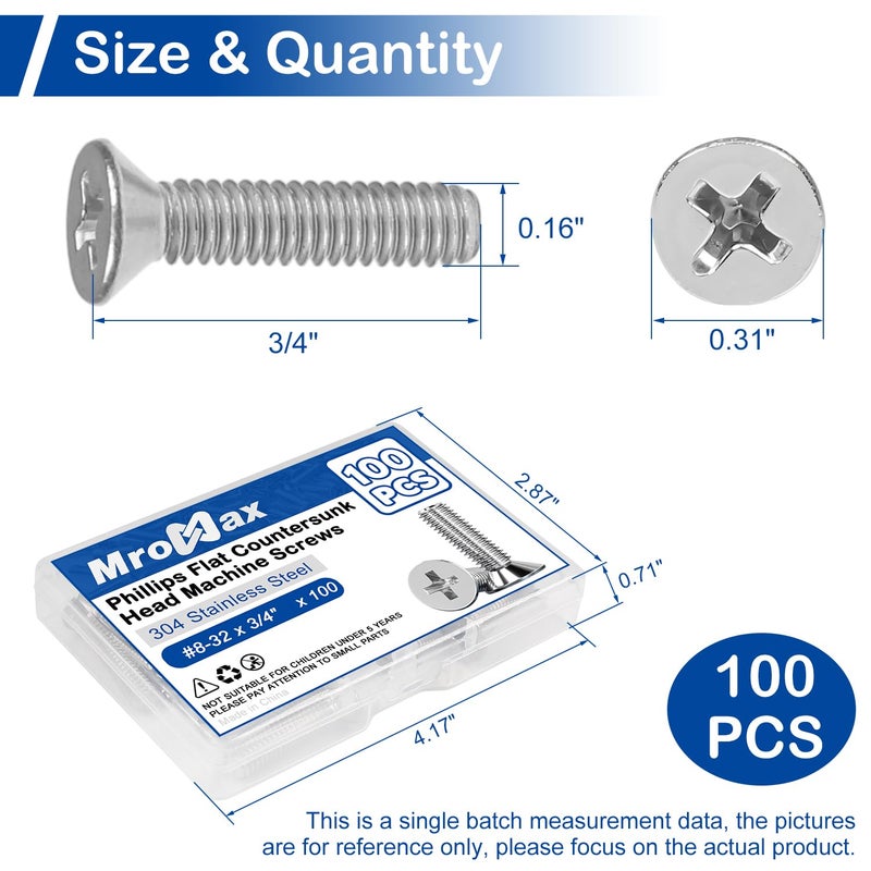 MroMax 100Pcs #8-32 x 3/4" Phillips Flat Head Machine Screws, 304 Stainless Steel(18-8), UNC Coarse Thread, Countersunk Head Machine Screws, Phillips Drive #2 - Image 3